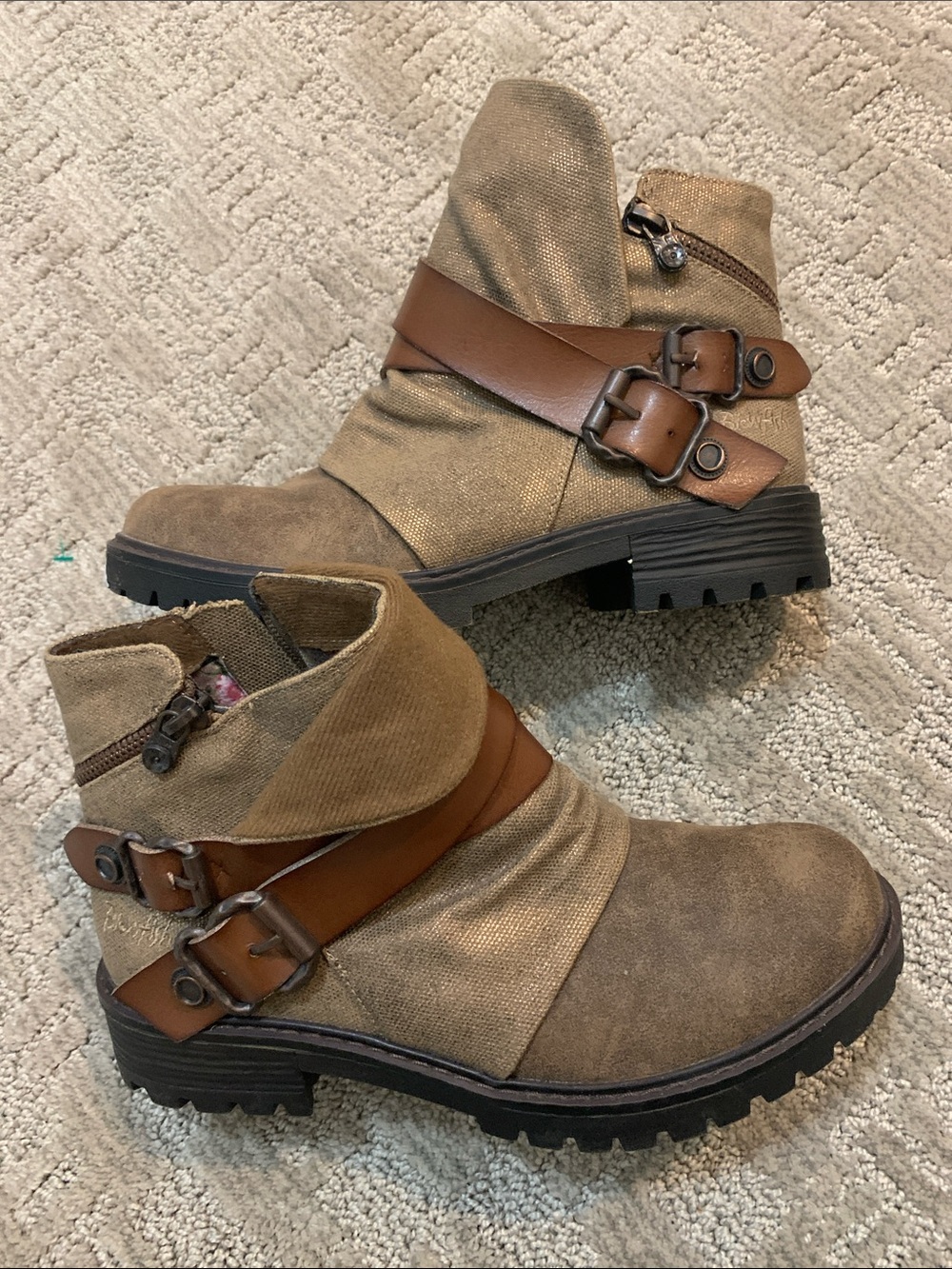 Blowfish Tan Canvas Ankle Boot with Brown Leather Straps